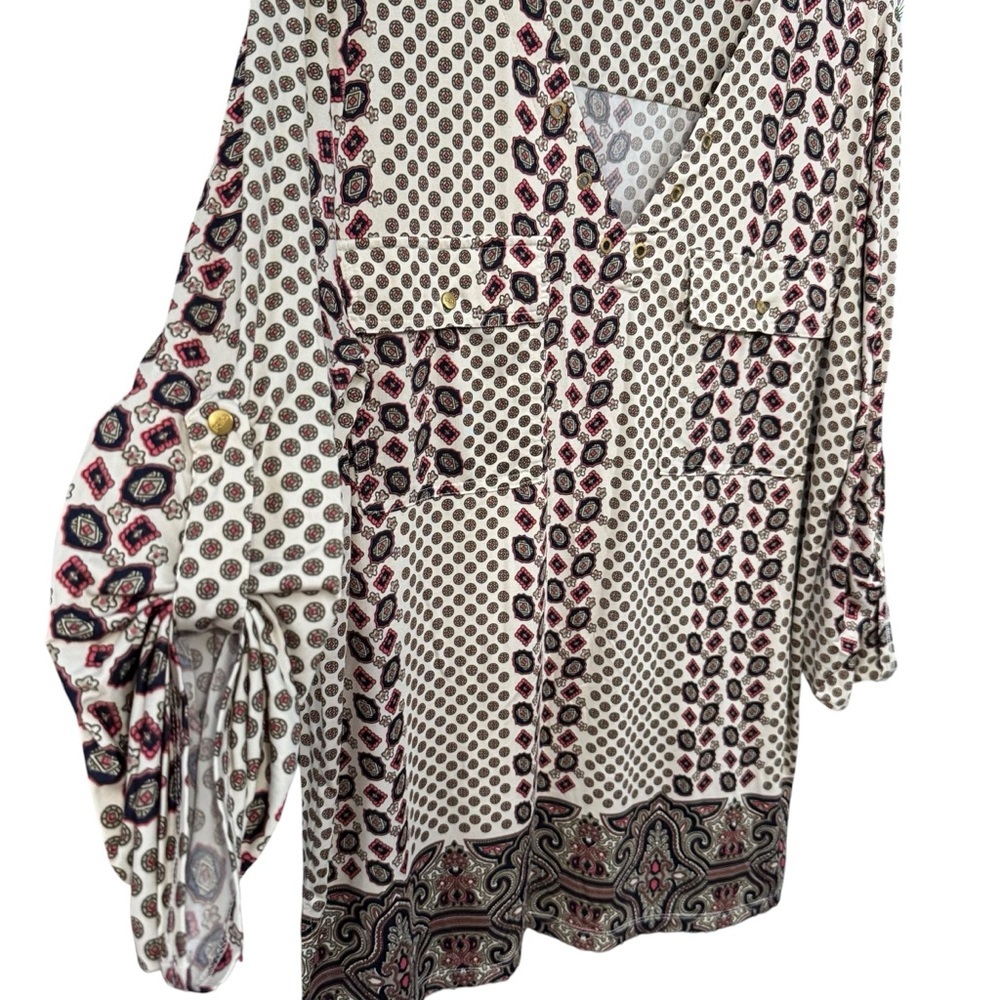 Excellent! BCBGMAXAZRIA Women Cream Navy Print Tunic Long Sleeve - Picture 2 of 11